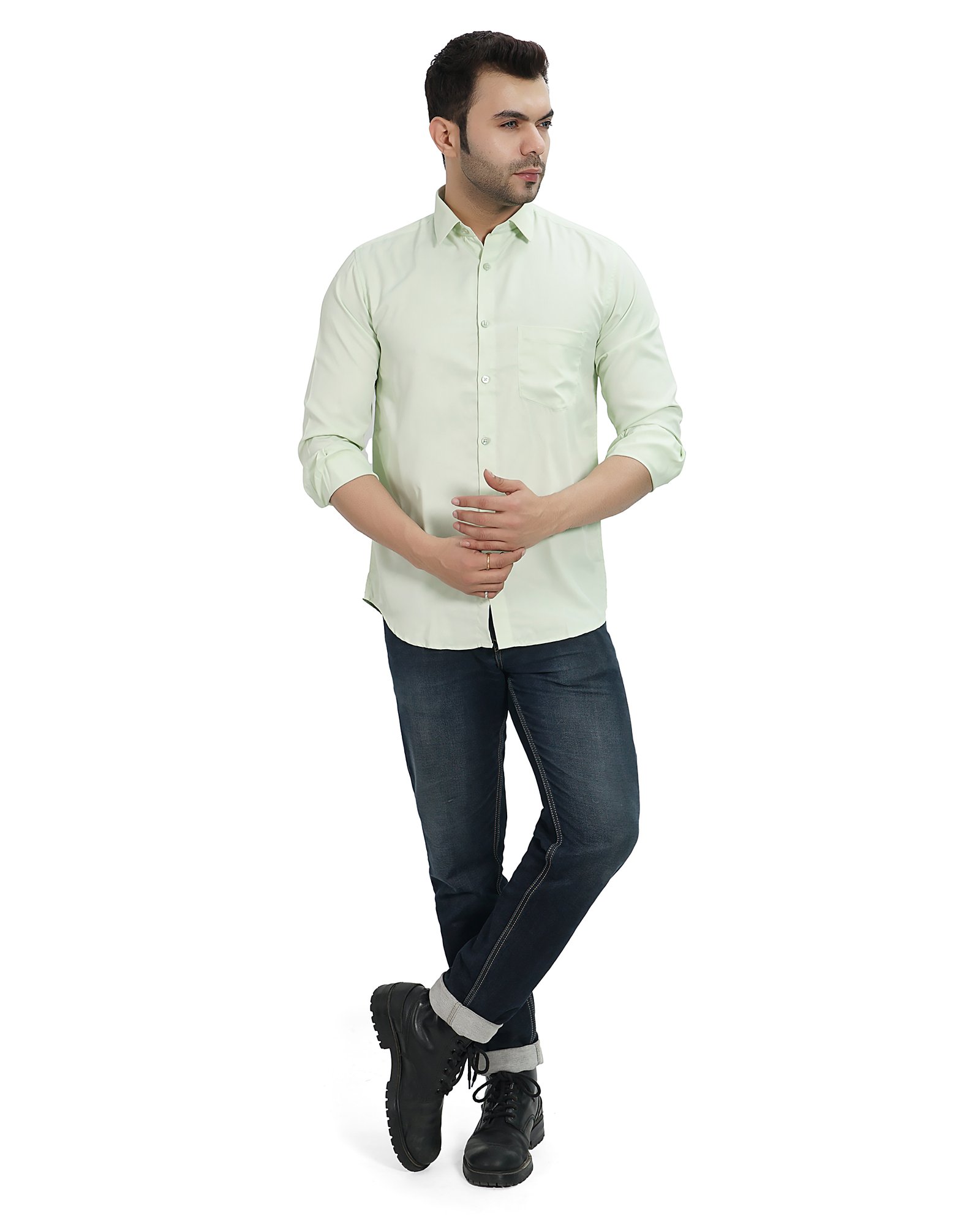 Men’s Solid Full Sleeve Shirt, Light Green - Image 3