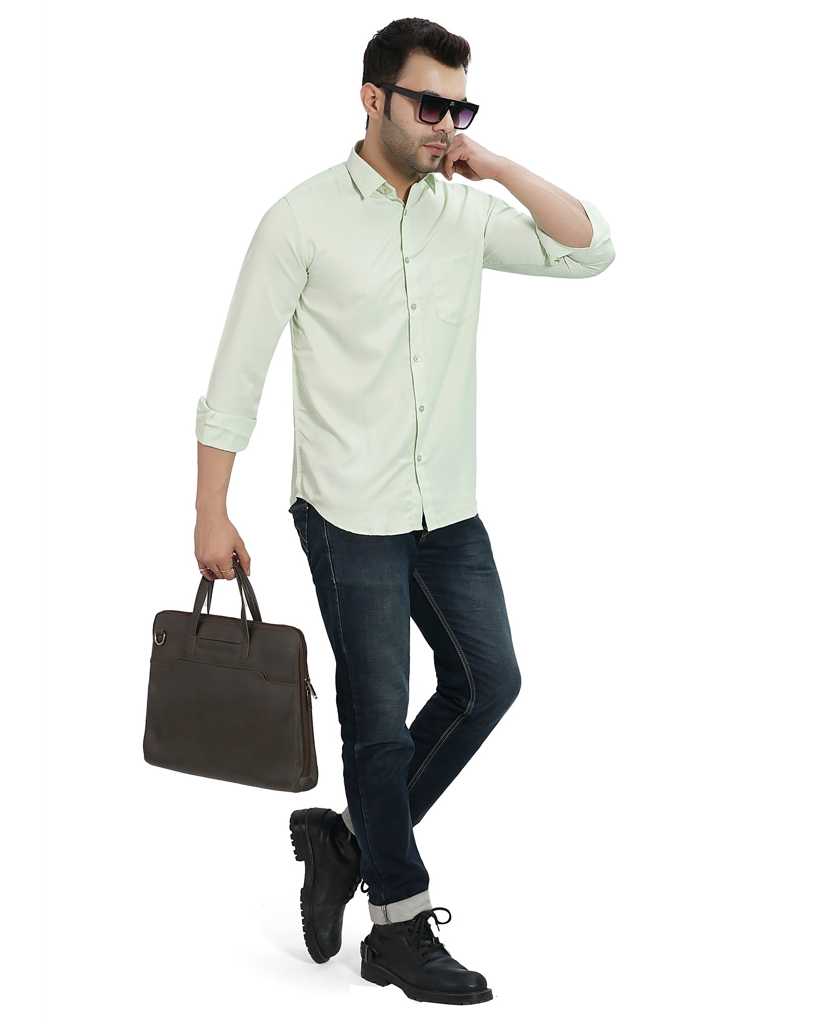 Men’s Solid Full Sleeve Shirt, Light Green - Image 2