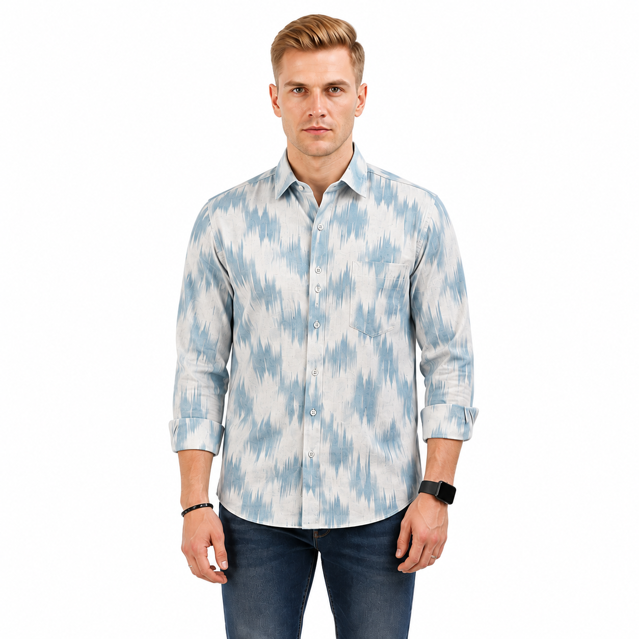 Abstract Light Blue Printed Casual Shirt for Men - Image 1