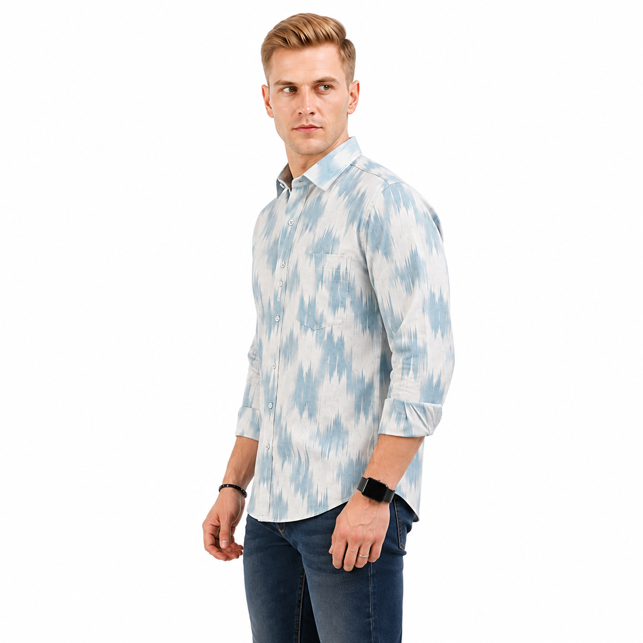 Abstract Light Blue Printed Casual Shirt for Men - Image 2
