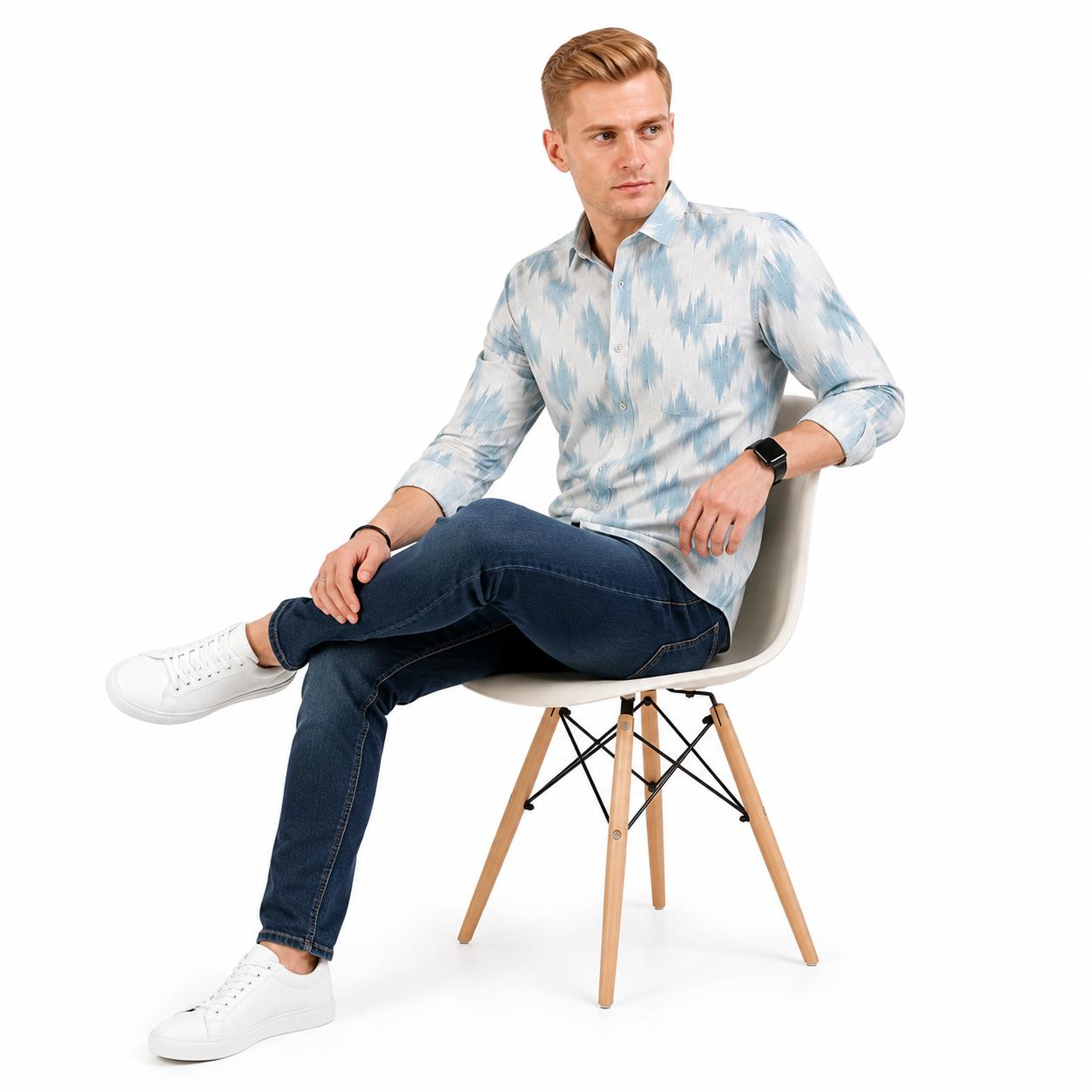 Abstract Light Blue Printed Casual Shirt for Men - Image 4