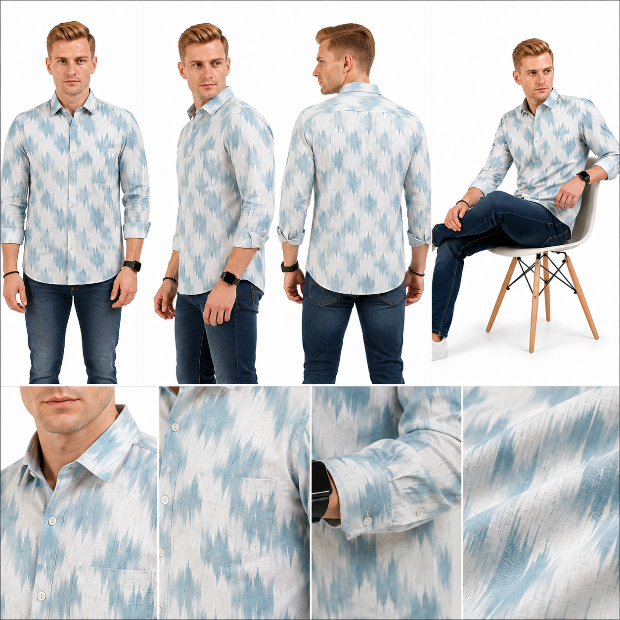 Abstract Light Blue Printed Casual Shirt for Men - Image 6