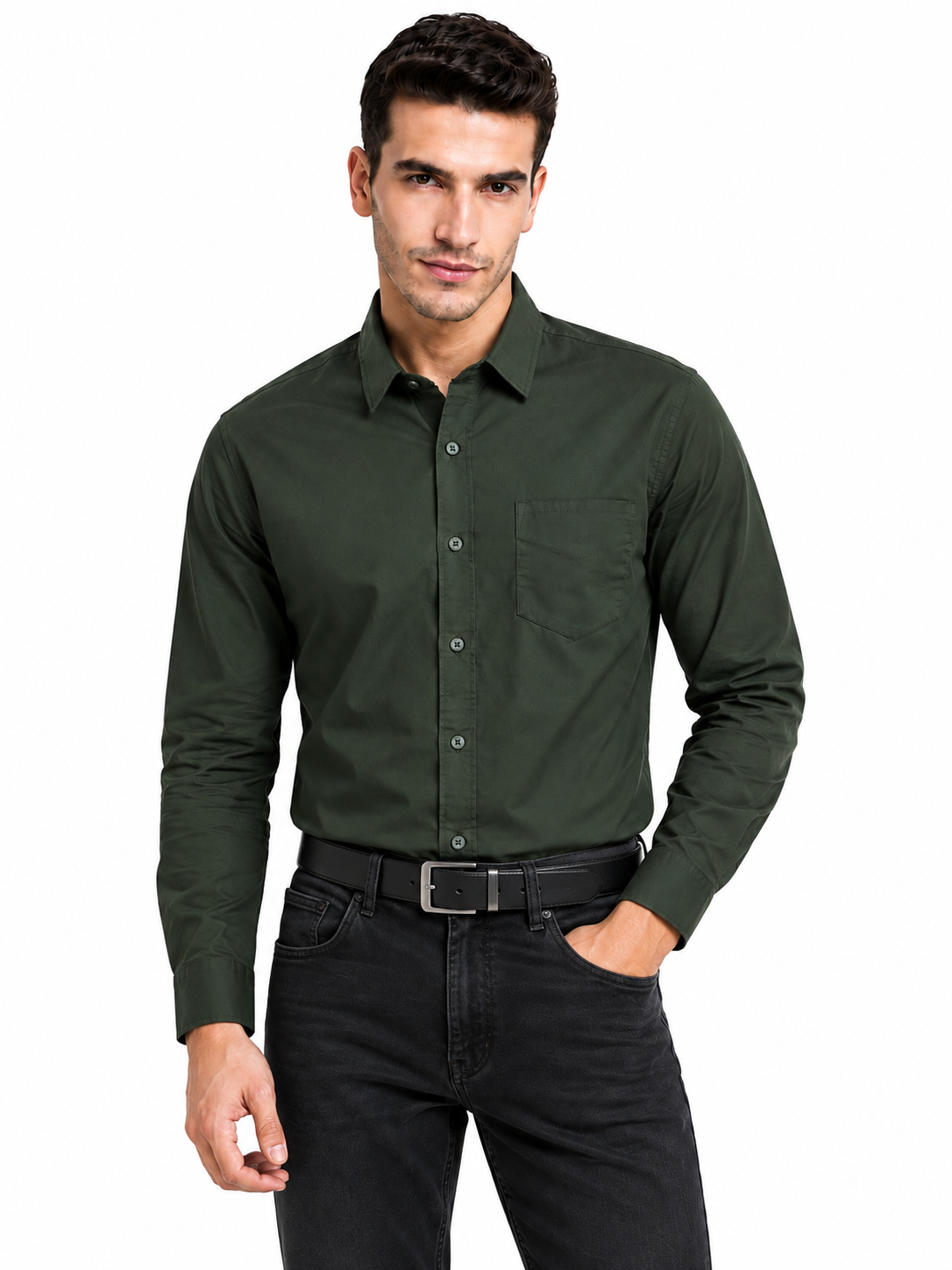 Olive Green Plain Formal Shirt for Men - Image 5