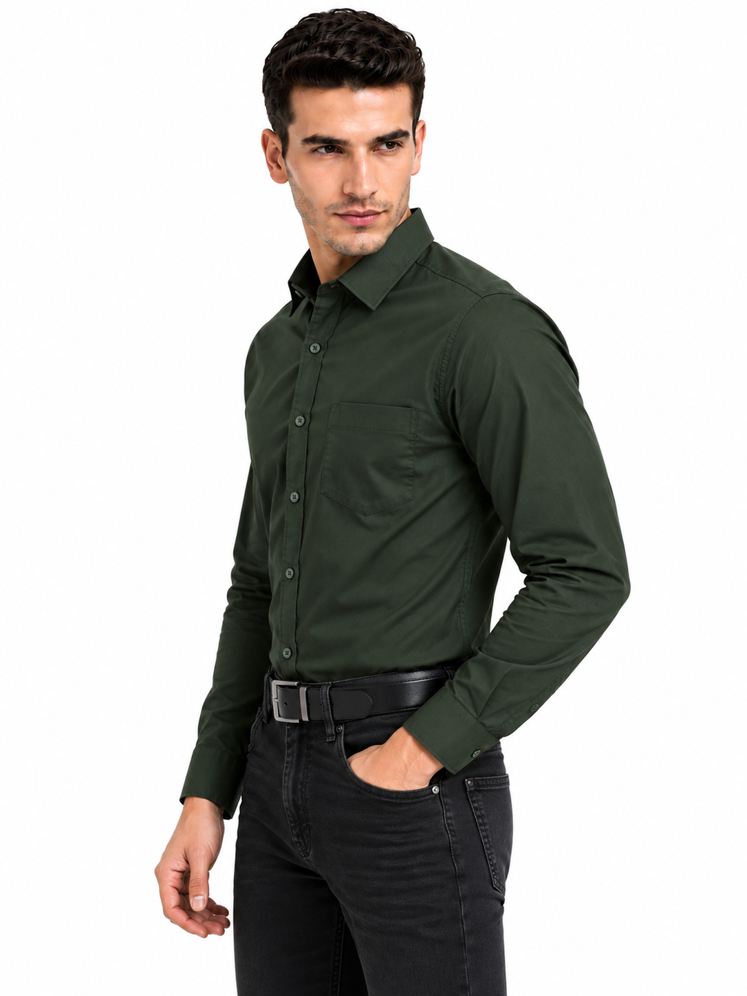 Olive Green Plain Formal Shirt for Men - Image 2