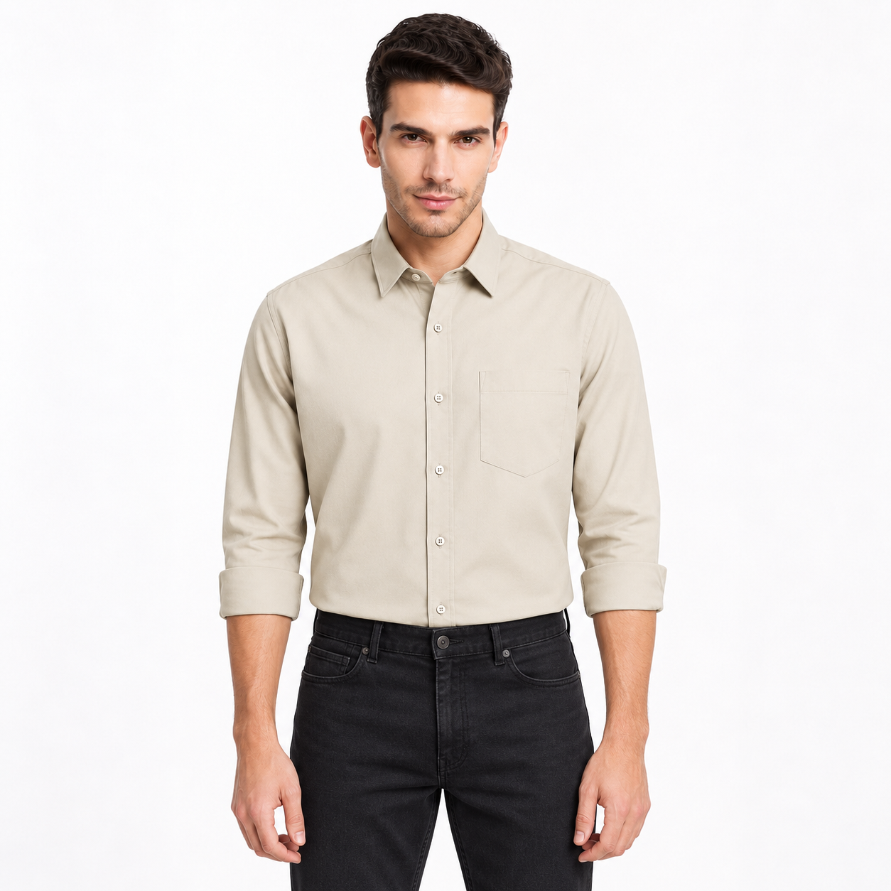 Beige Plain Formal Shirt for Men - Image 1