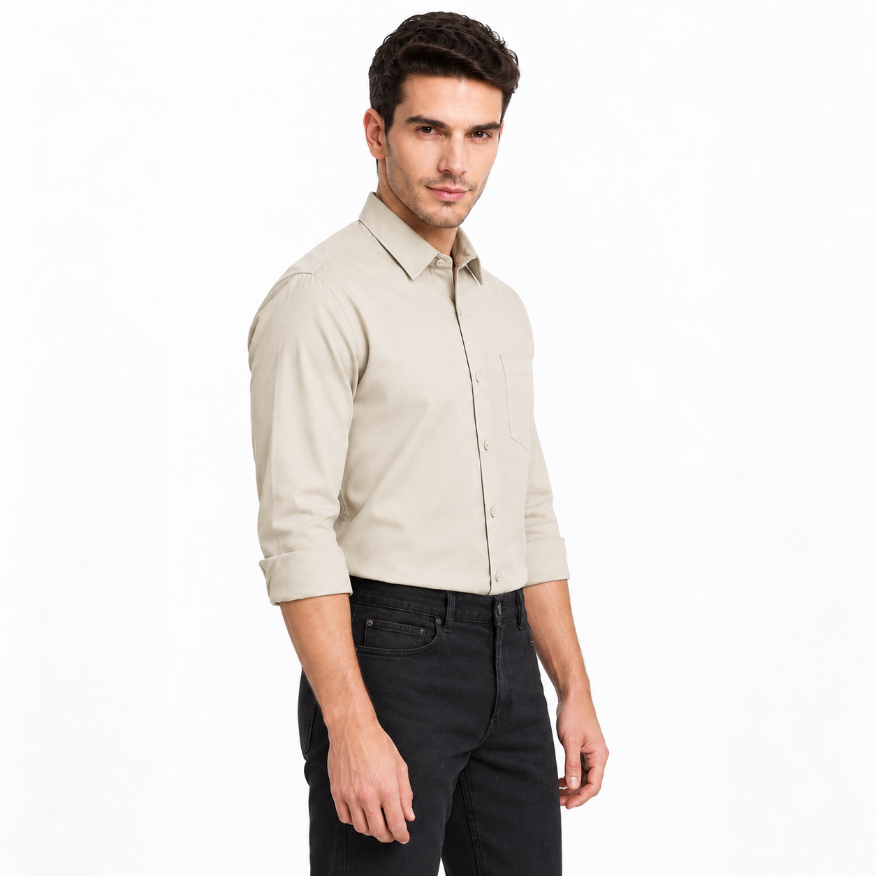 Beige Plain Formal Shirt for Men - Image 2