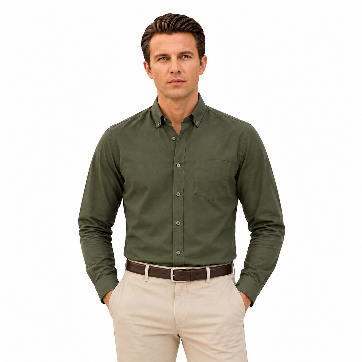 Olive Green Plain Formal Shirt for Men - Image 1