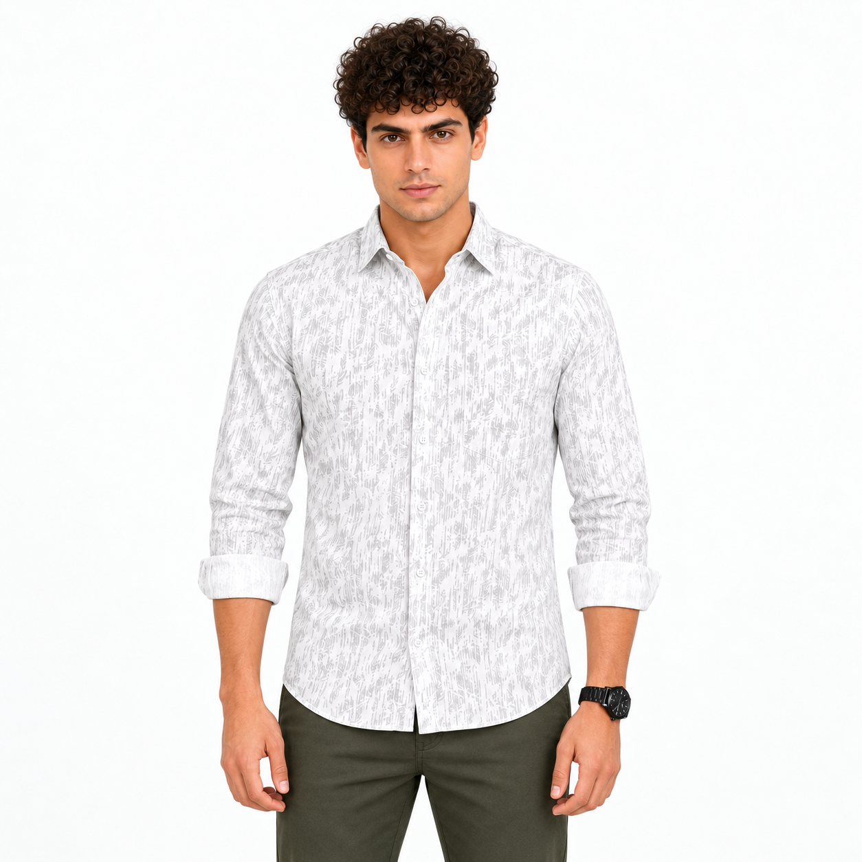 White Brushstroke Printed Casual Shirt for Men - Image 1