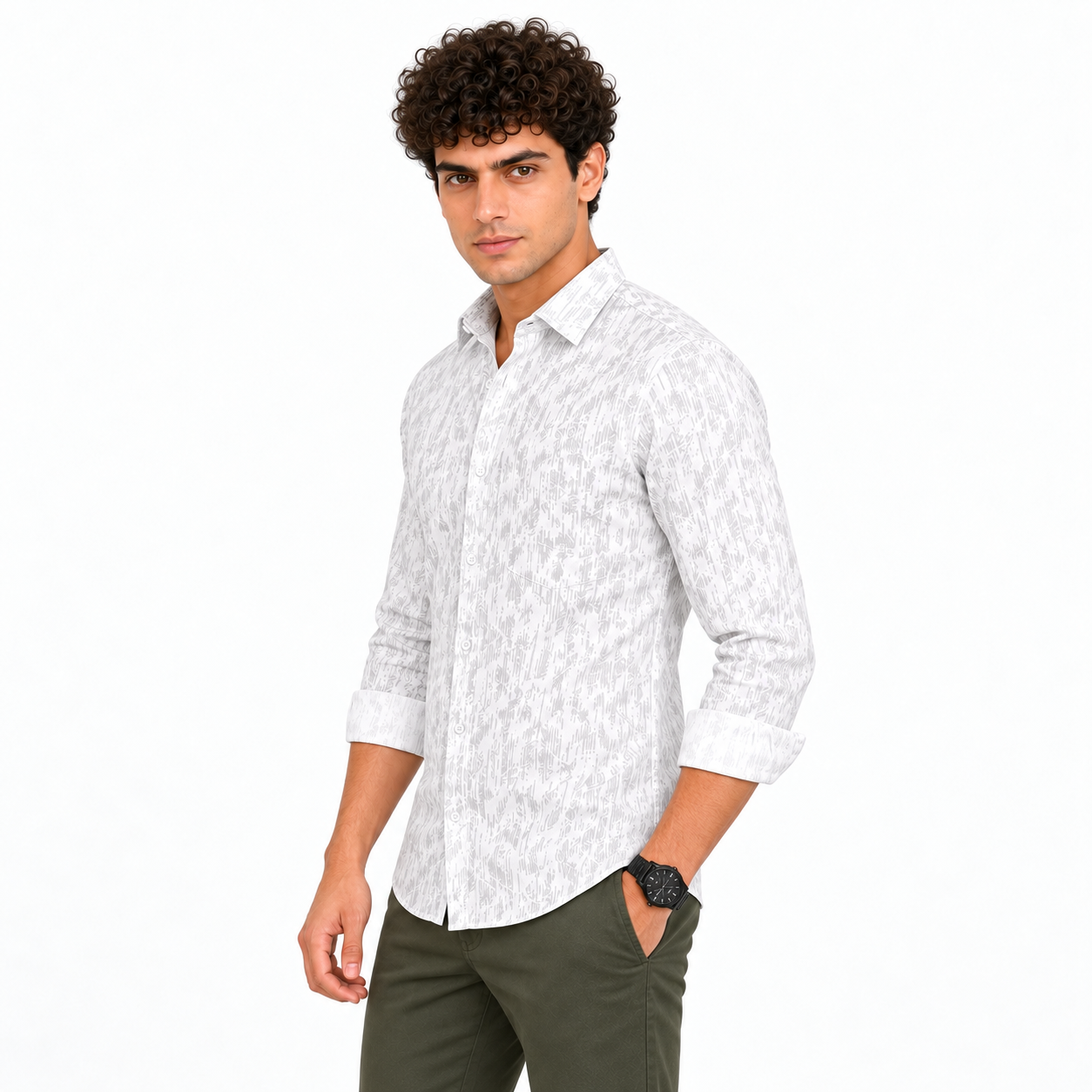 White Brushstroke Printed Casual Shirt for Men - Image 2