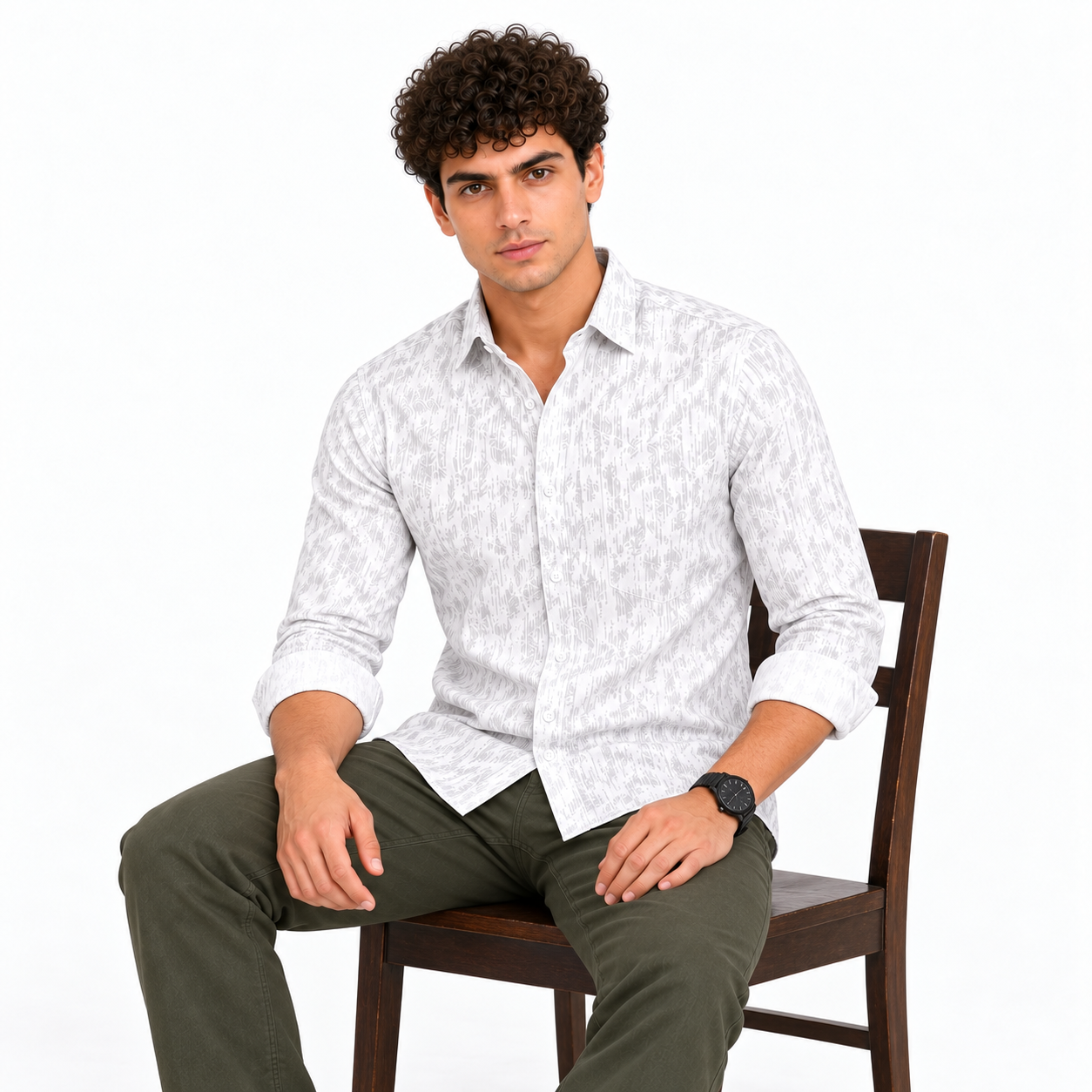 White Brushstroke Printed Casual Shirt for Men - Image 4