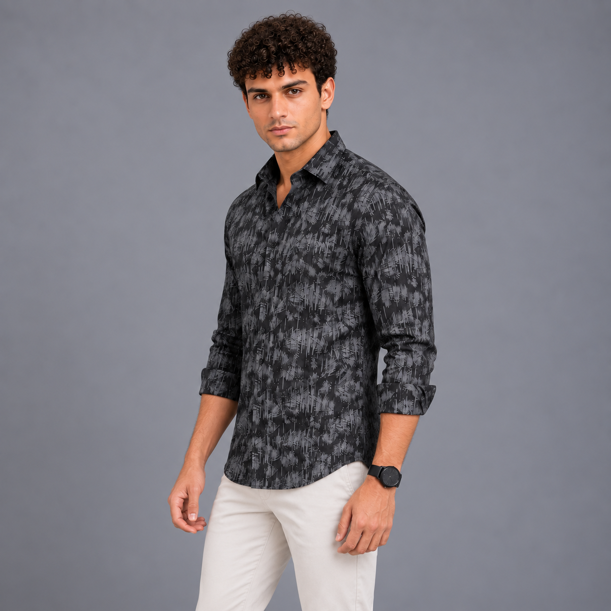 Black Brushstroke Printed Casual Shirt for Men - Image 2