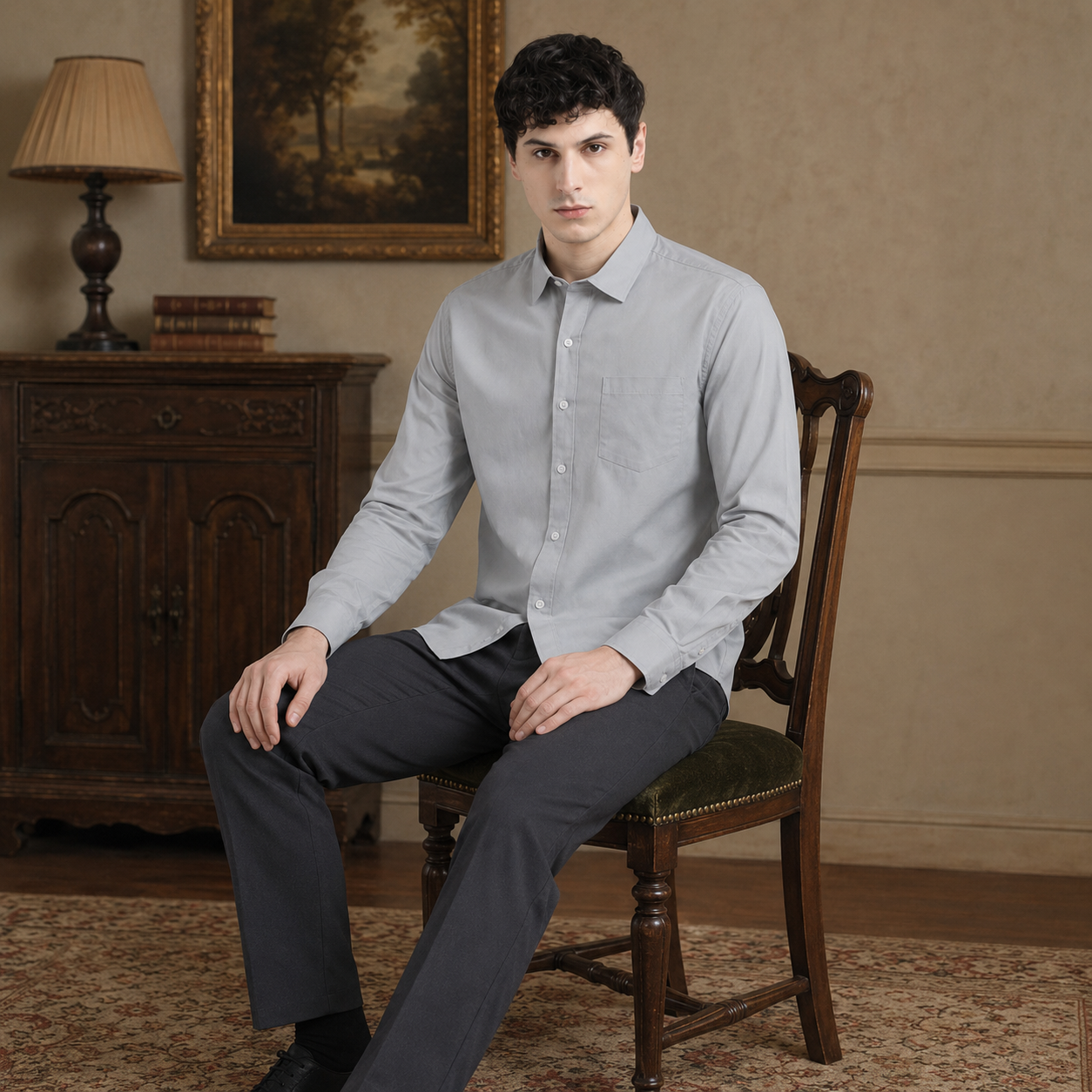 Plain Light Grey Formal Shirt for Men - Image 4