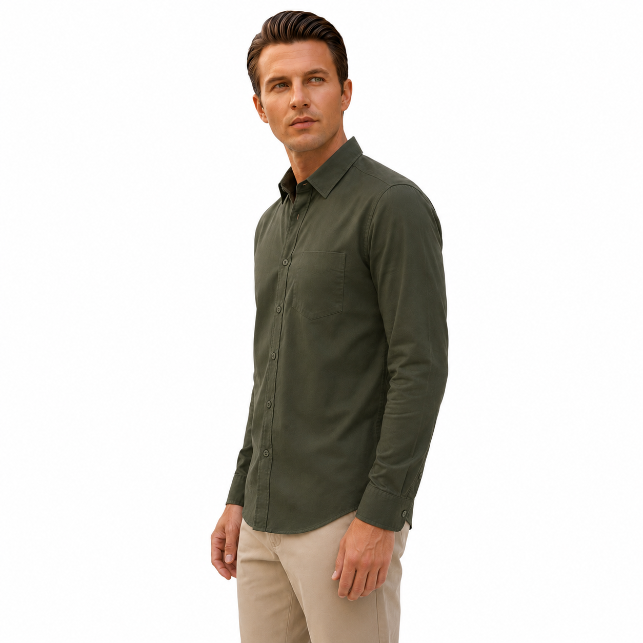 Olive Green Plain Formal Shirt for Men - Image 2