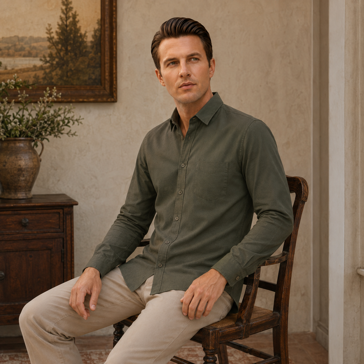 Olive Green Plain Formal Shirt for Men - Image 4