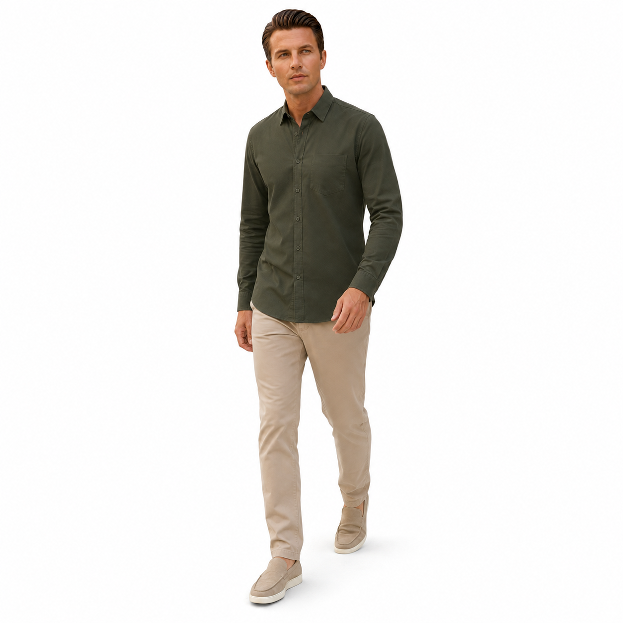 Olive Green Plain Formal Shirt for Men - Image 5