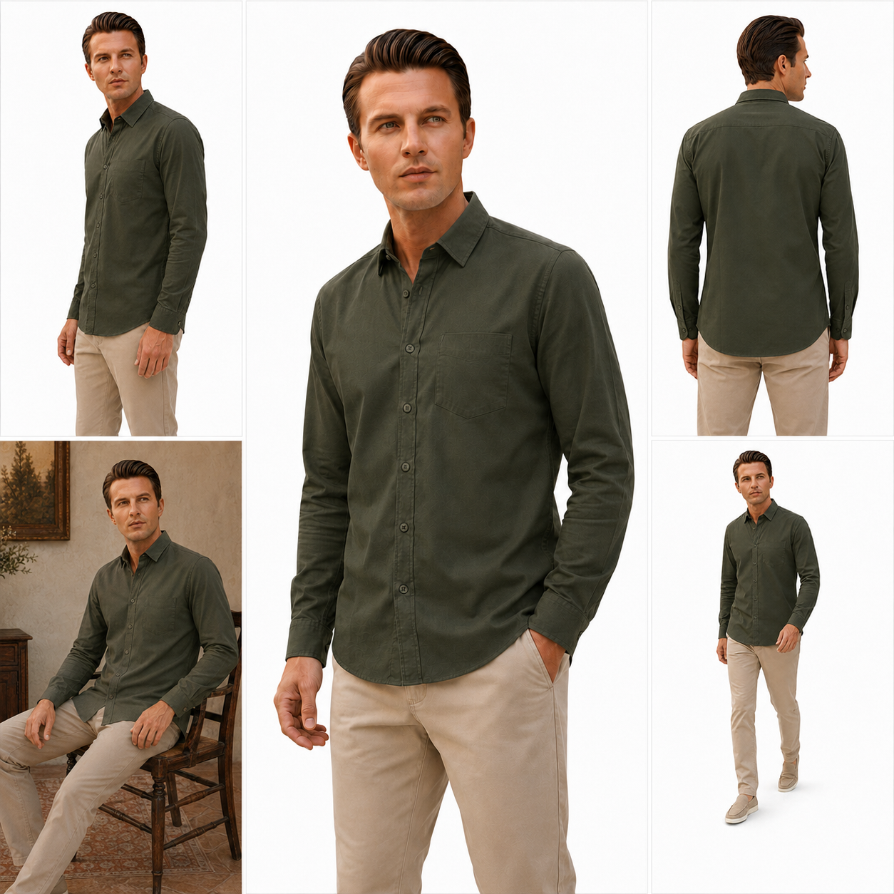 Olive Green Plain Formal Shirt for Men - Image 6