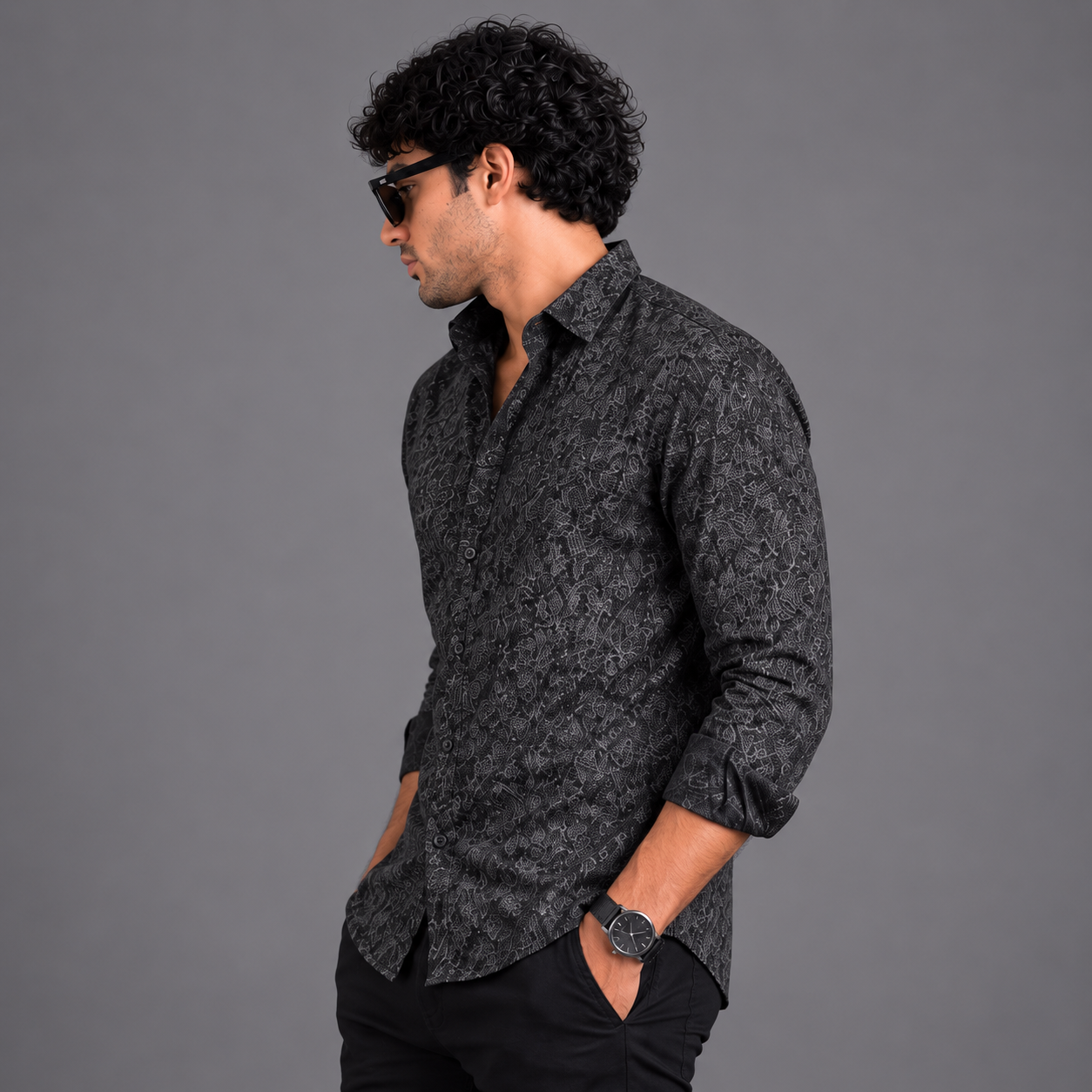 Black Abstract Geometric Printed Shirt for Men - Image 2
