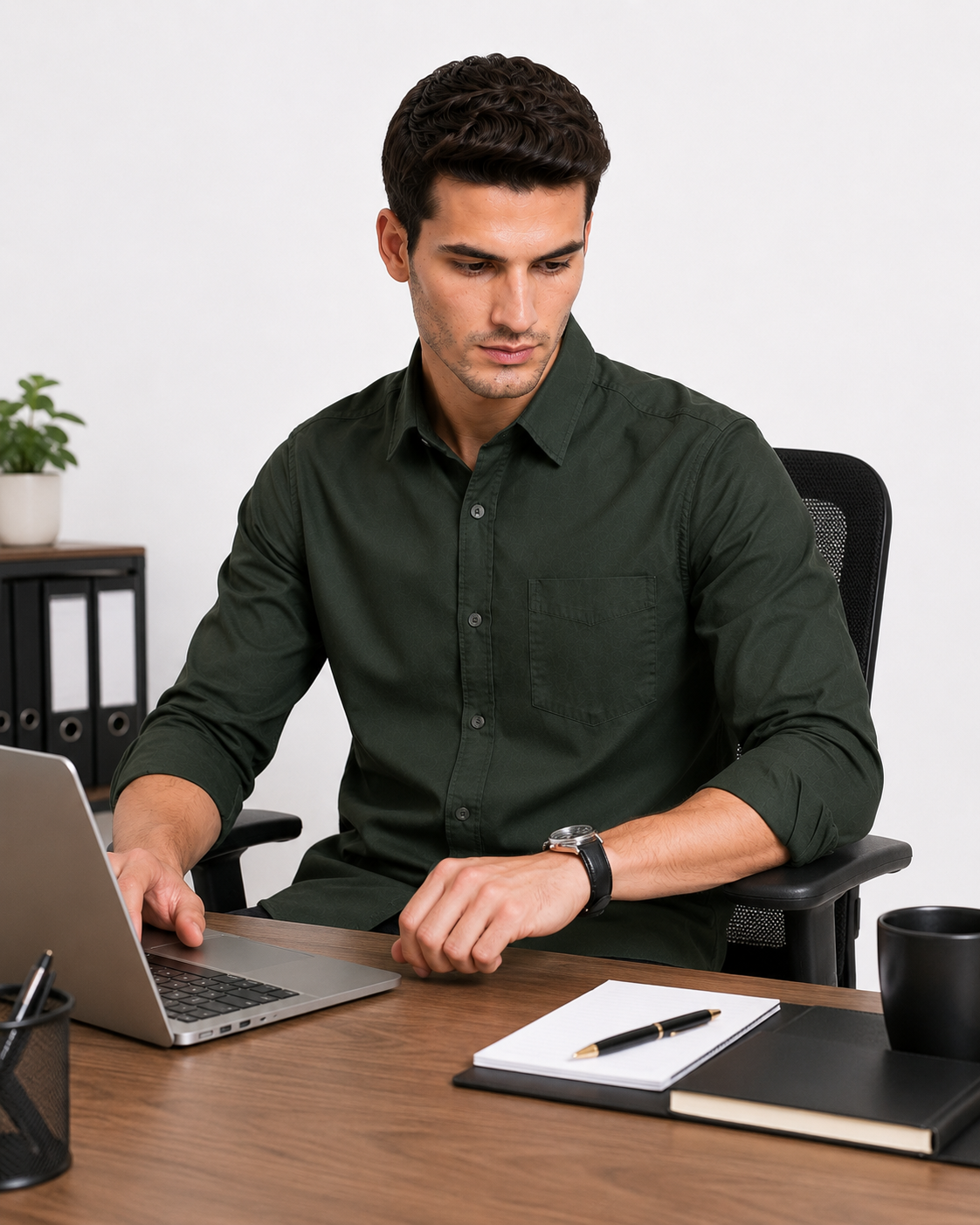 Olive Green Plain Formal Shirt for Men - Image 4