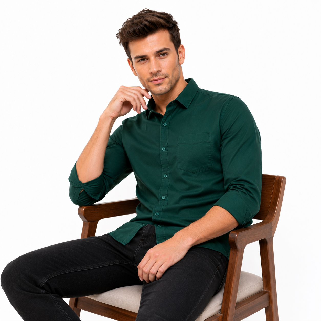 Green Plain Formal Shirt for Men - Image 4