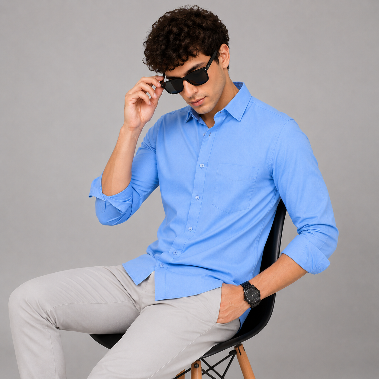 Blue Plain Formal Shirt for Men - Image 3