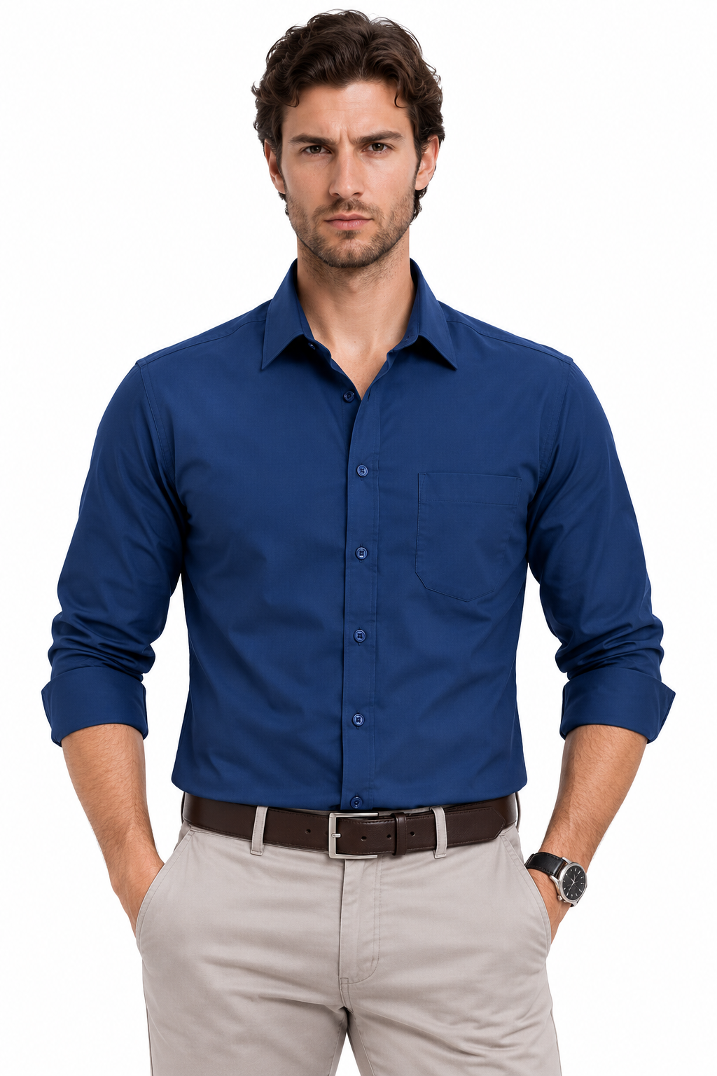 Navy Blue Plain Formal Shirt for Men - Image 2