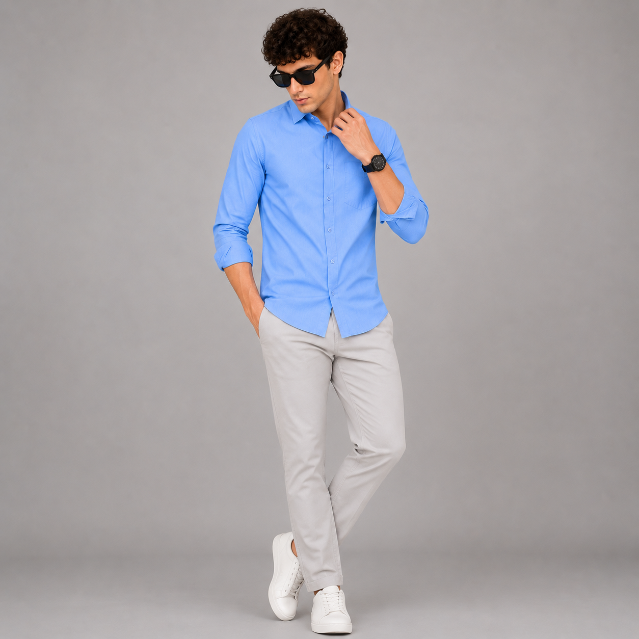 Blue Plain Formal Shirt for Men - Image 4