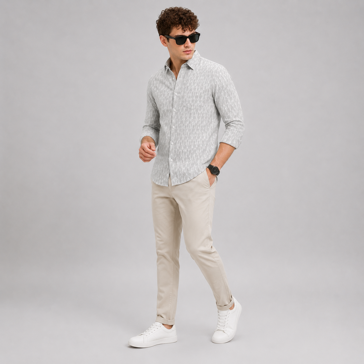 White Wavy Line Printed Casual Shirt for Men - Image 5