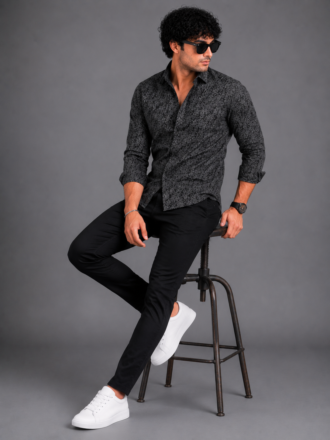 Black Abstract Geometric Printed Shirt for Men - Image 4