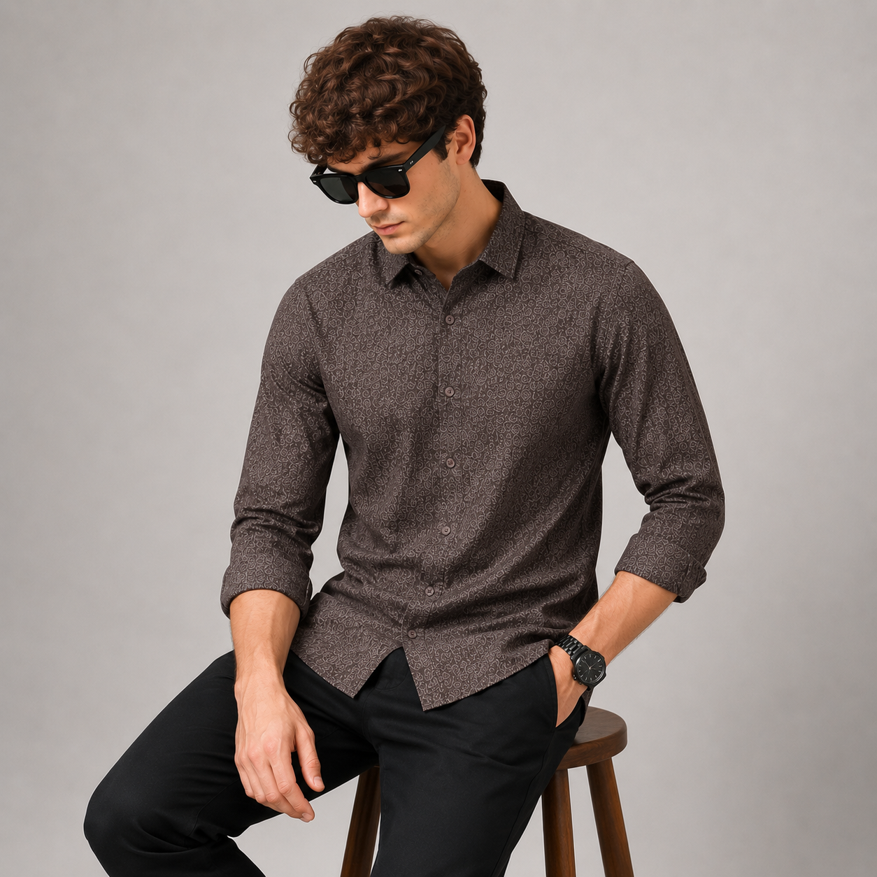 Brown Abstract Printed Casual Shirt for Men - Image 4