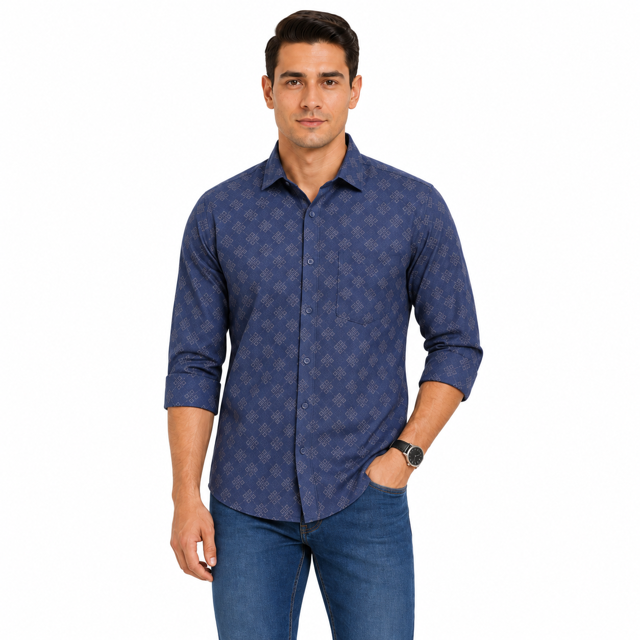 Blue Geometric Printed Casual Shirt for Men - Image 1