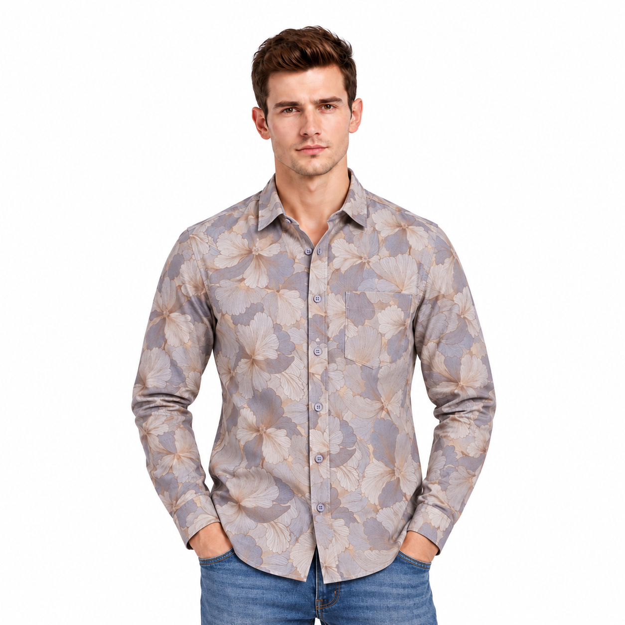 Brown Floral Printed Casual Shirt for Men - Image 1