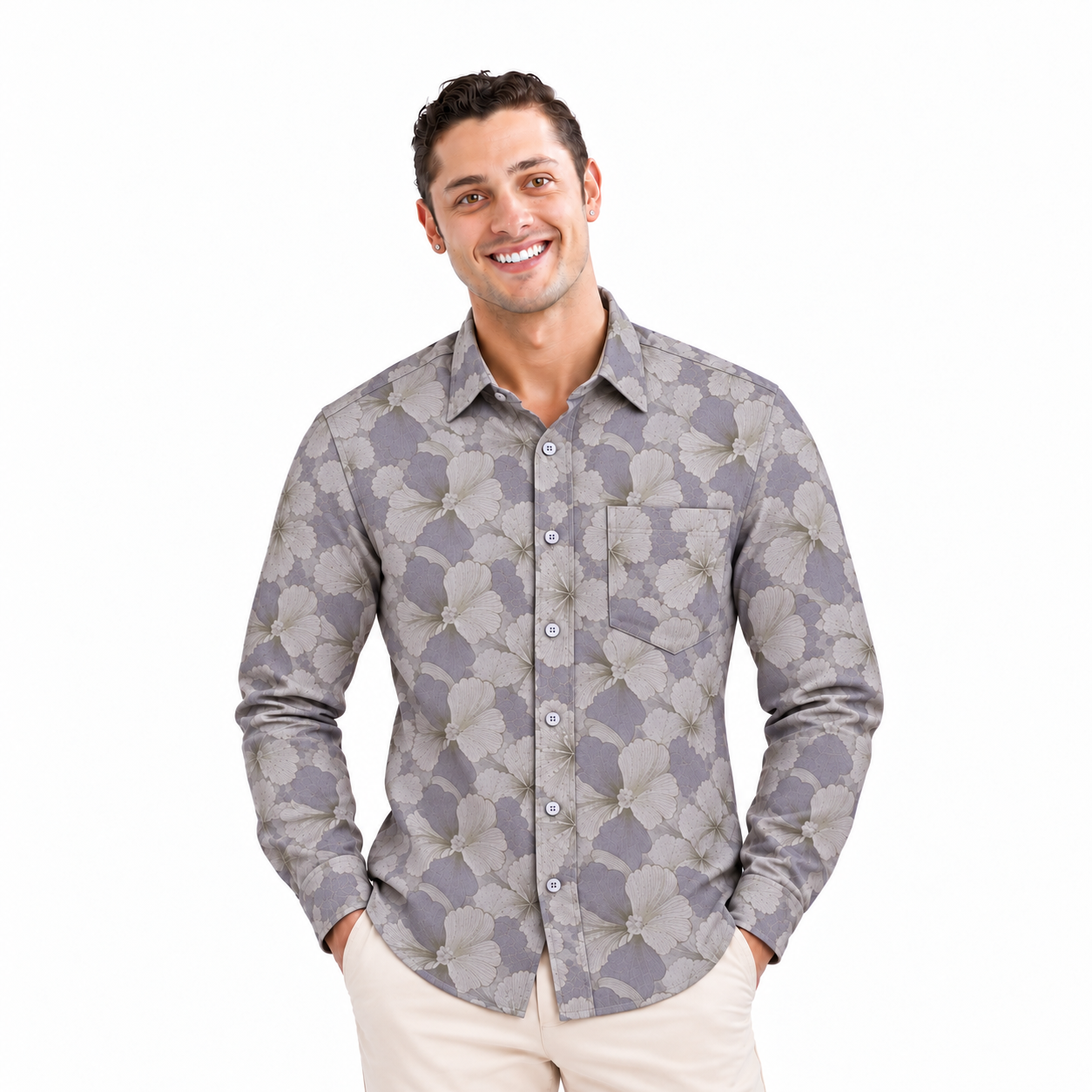 Grey Floral Printed Casual Shirt for Men - Image 1
