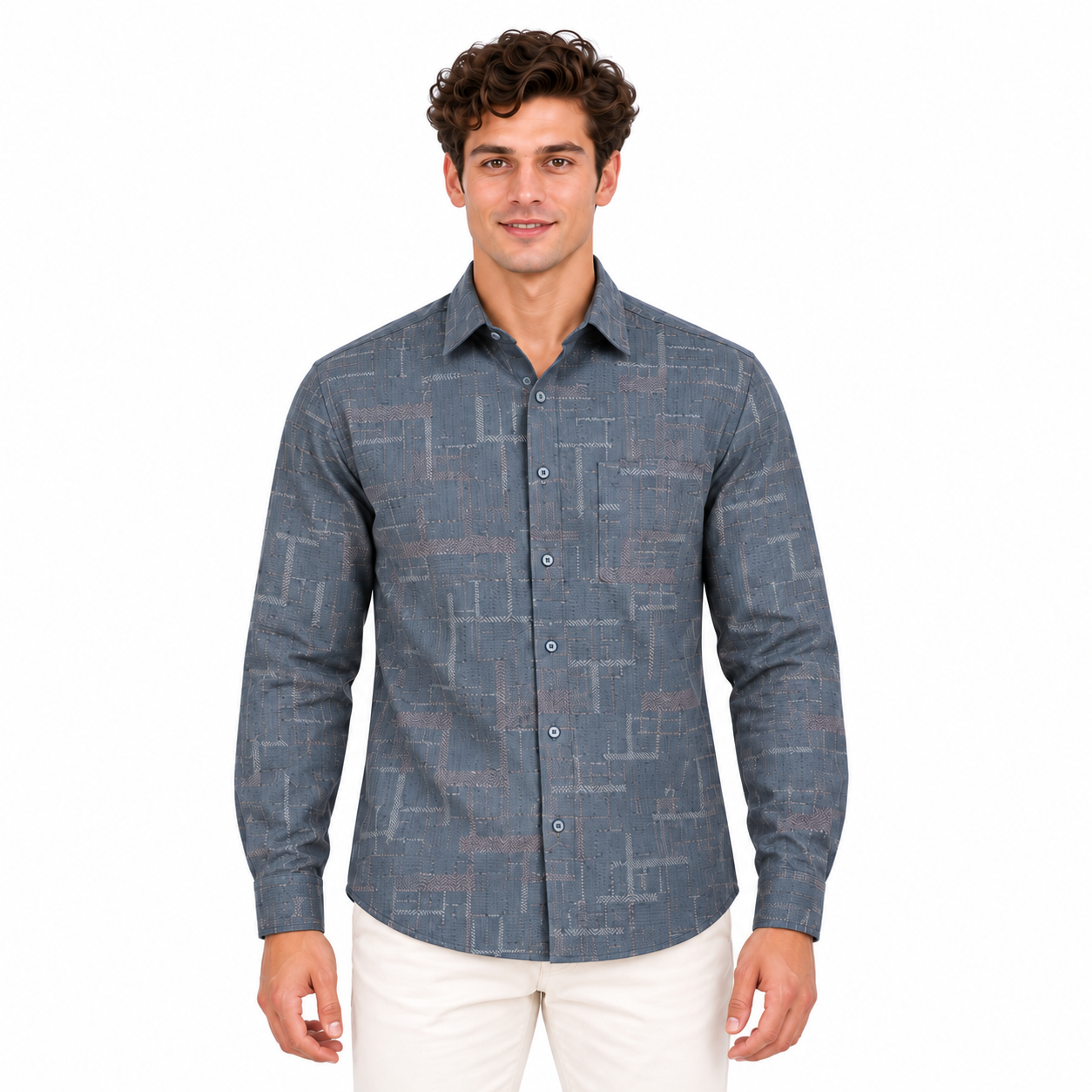 Blue Geometric Printed Casual Shirt for Men - Image 1