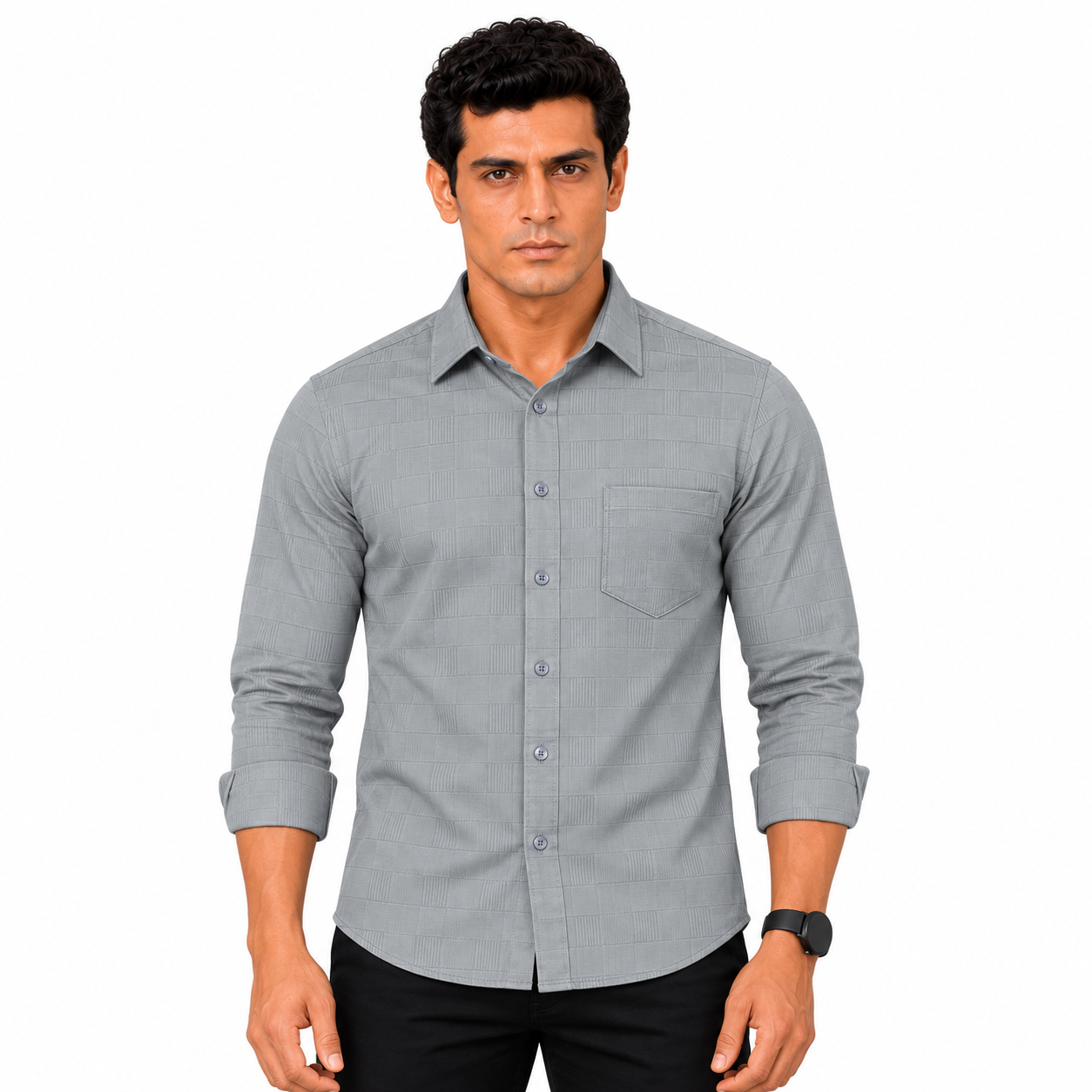 Grey Self check Shirt for Men - Image 1
