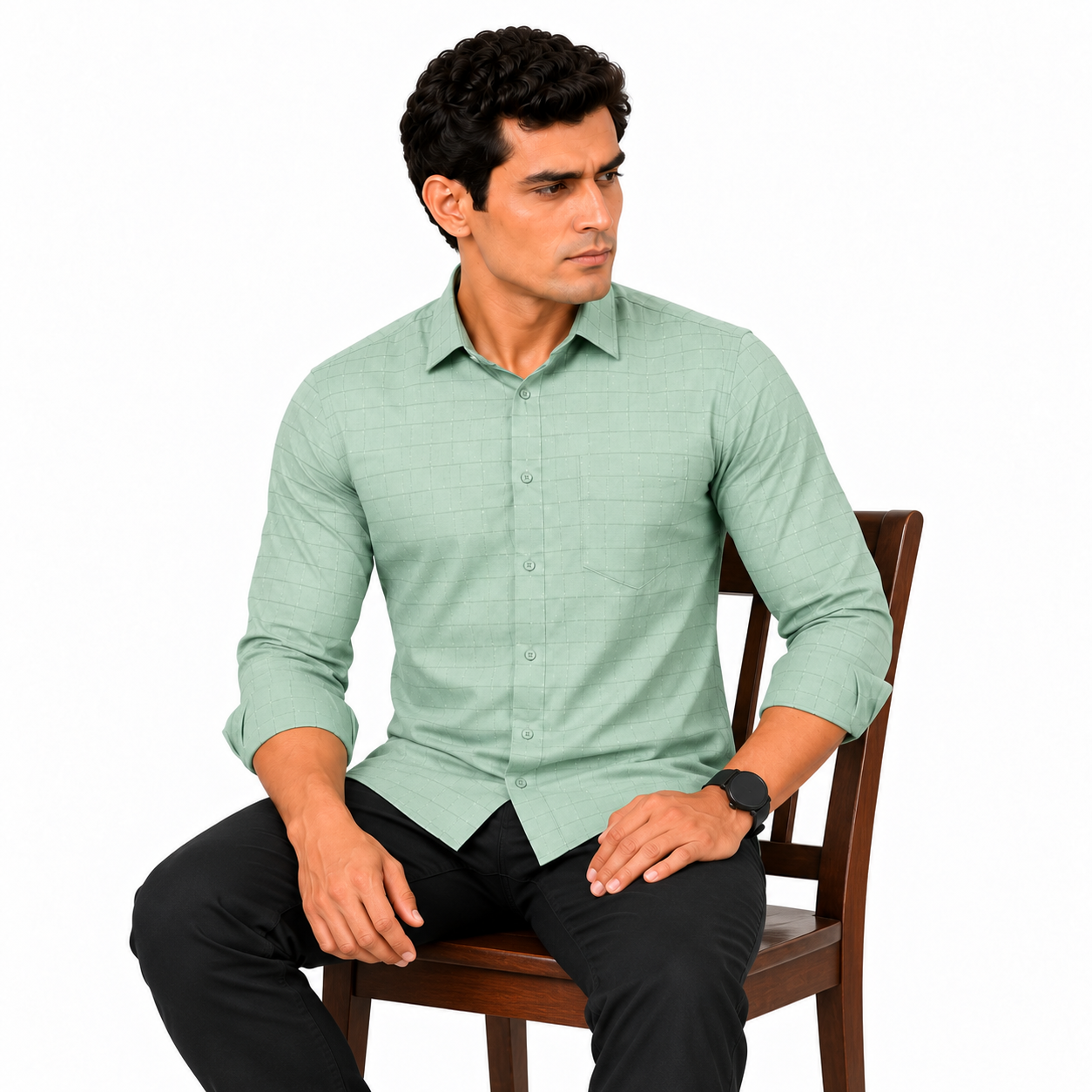 Green Self check Shirt for Men - Image 4