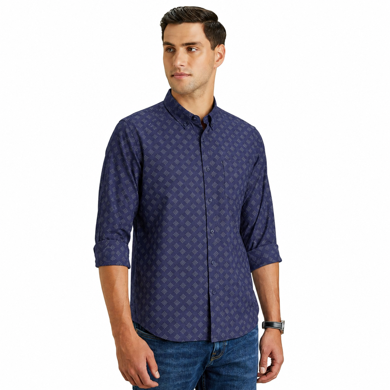 Blue Geometric Printed Casual Shirt for Men - Image 2