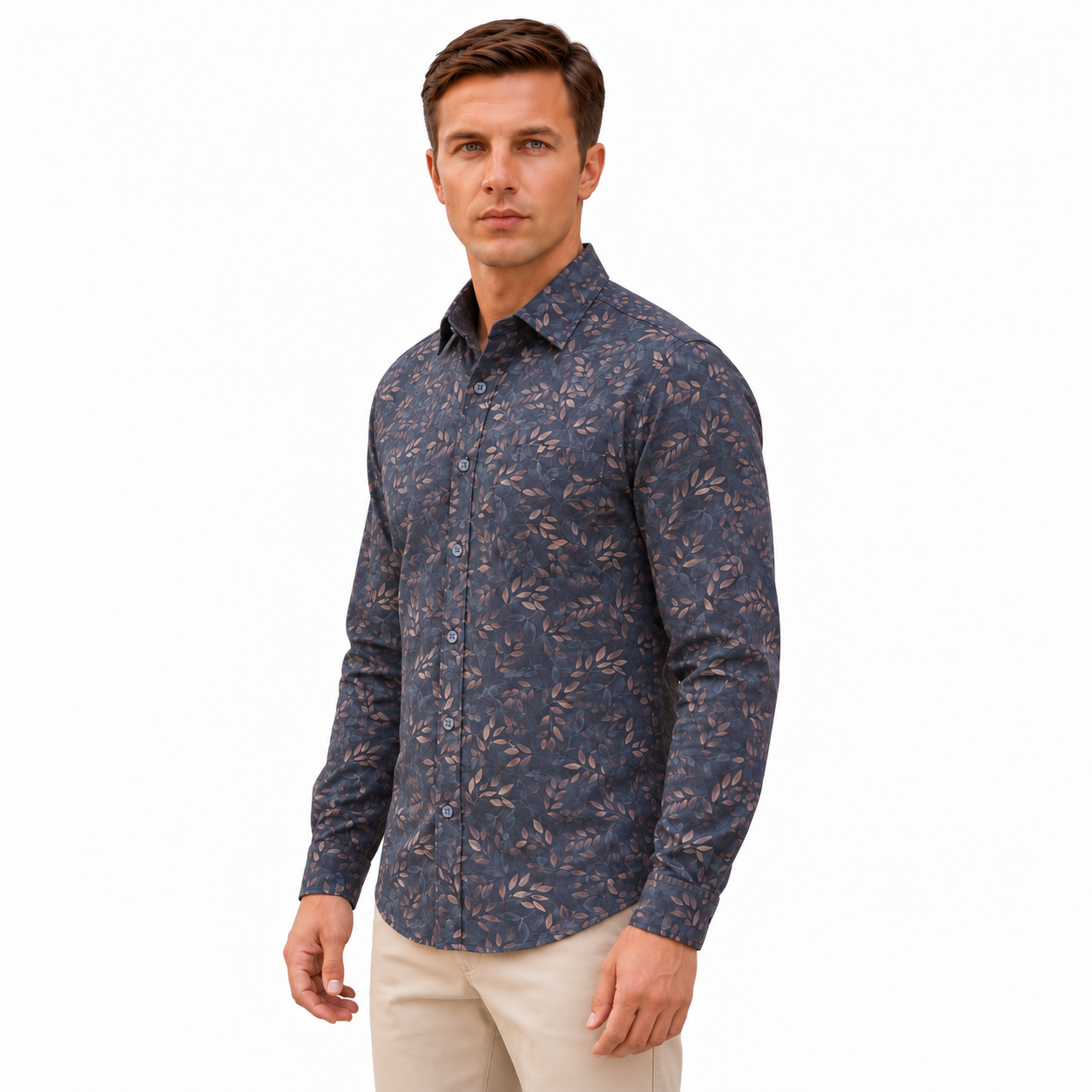 Dark Blue Floral Printed Casual Shirt for Men - Image 2