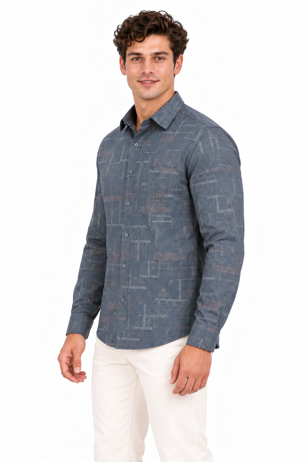 Blue Geometric Printed Casual Shirt for Men - Image 2
