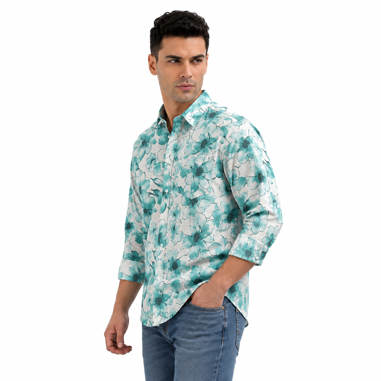 Blue Floral Printed Casual Shirt for Men - Image 2