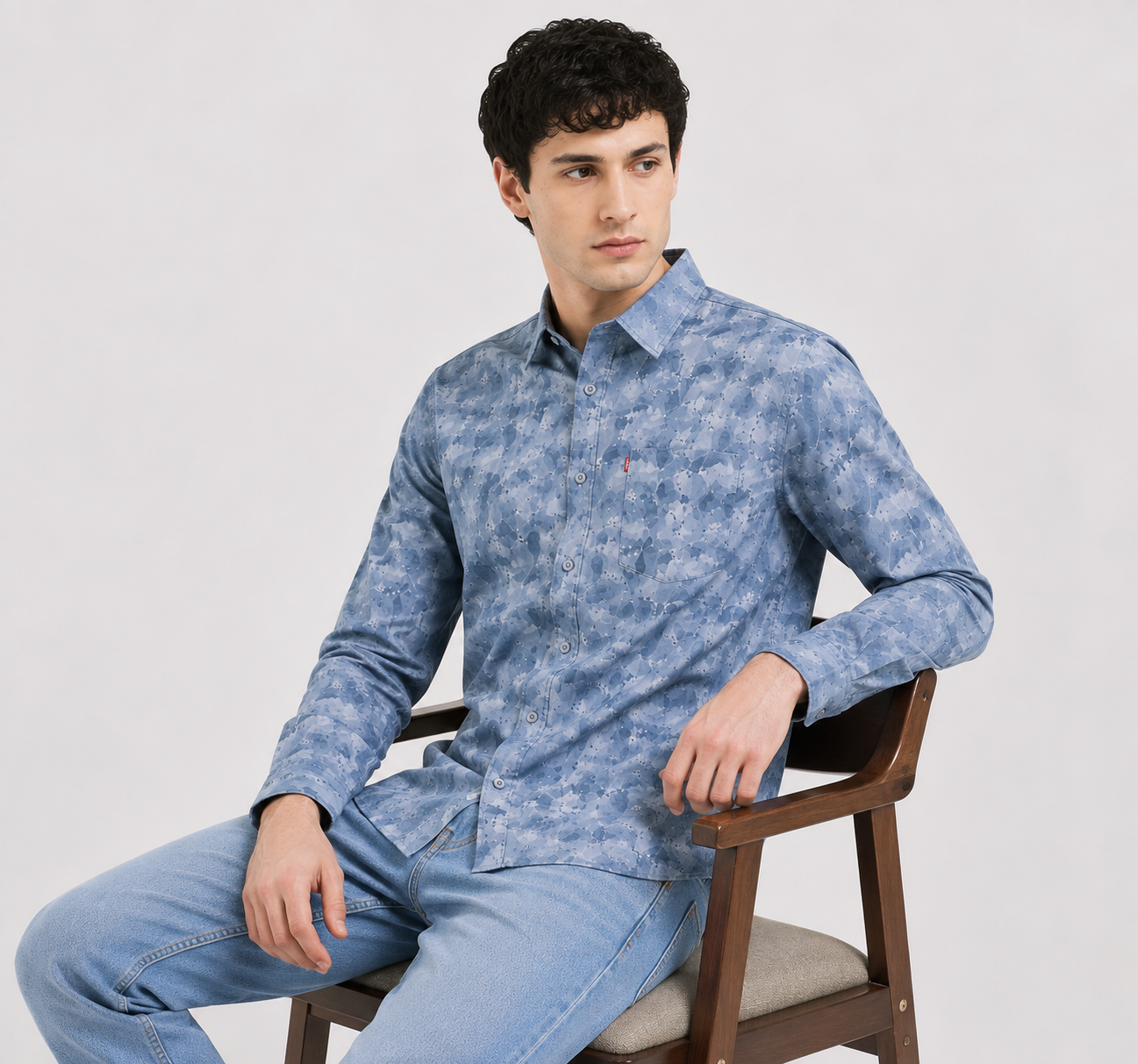 Blue Floral Printed Casual Shirt for Men - Image 4