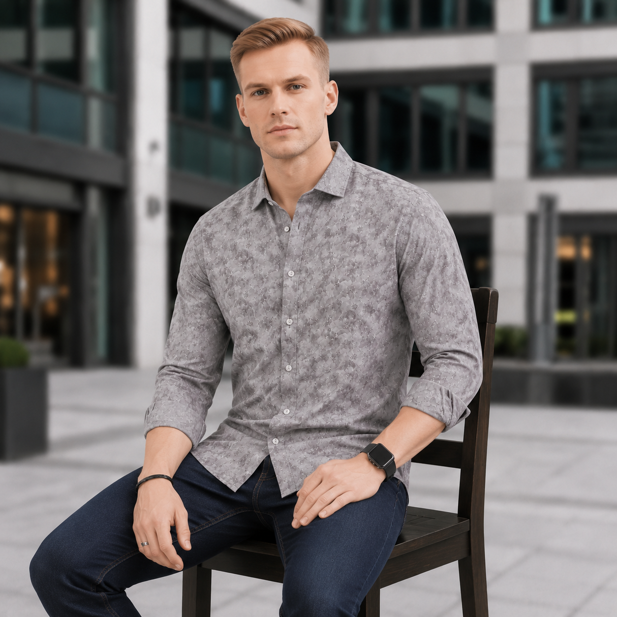 Grey Floral Printed Casual Shirt for Men - Image 4