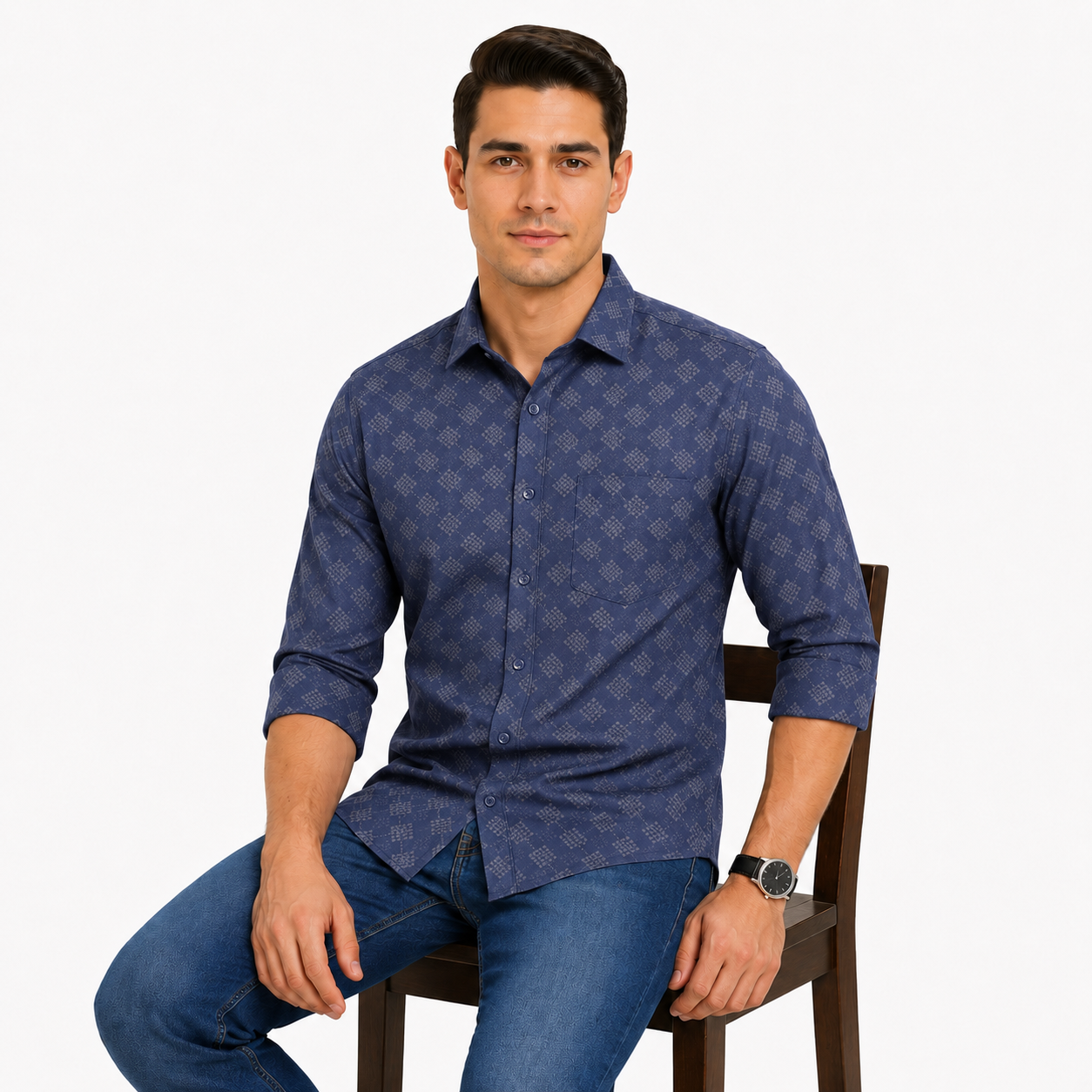 Blue Geometric Printed Casual Shirt for Men - Image 5