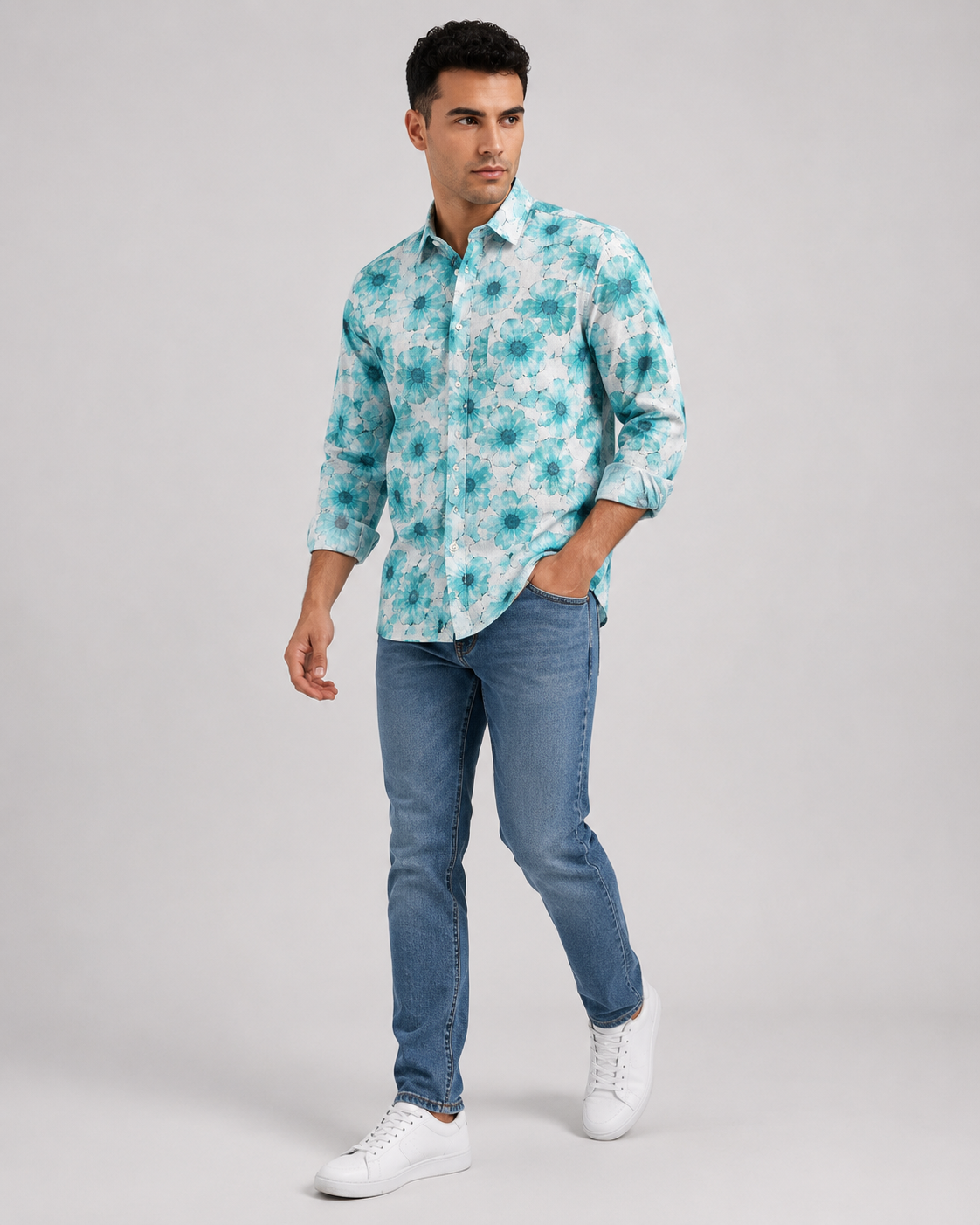 Blue Floral Printed Casual Shirt for Men - Image 5