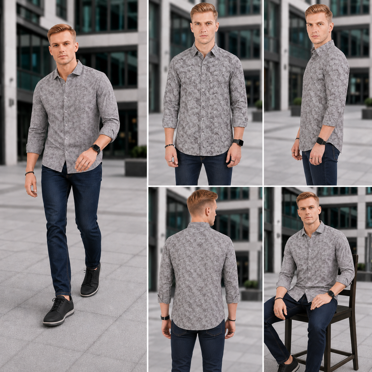 Grey Floral Printed Casual Shirt for Men - Image 6