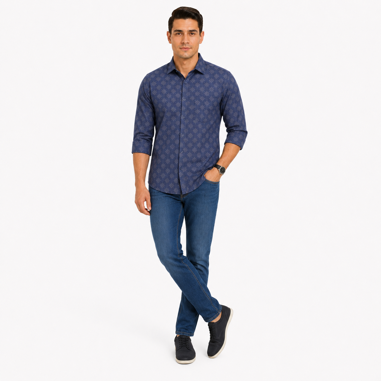 Blue Geometric Printed Casual Shirt for Men - Image 6