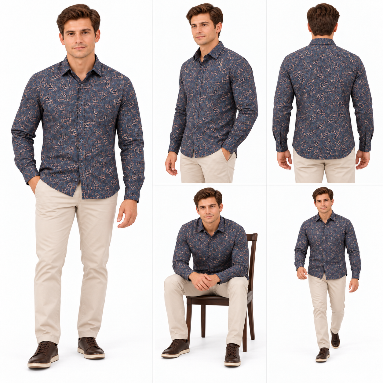 Dark Blue Floral Printed Casual Shirt for Men - Image 6