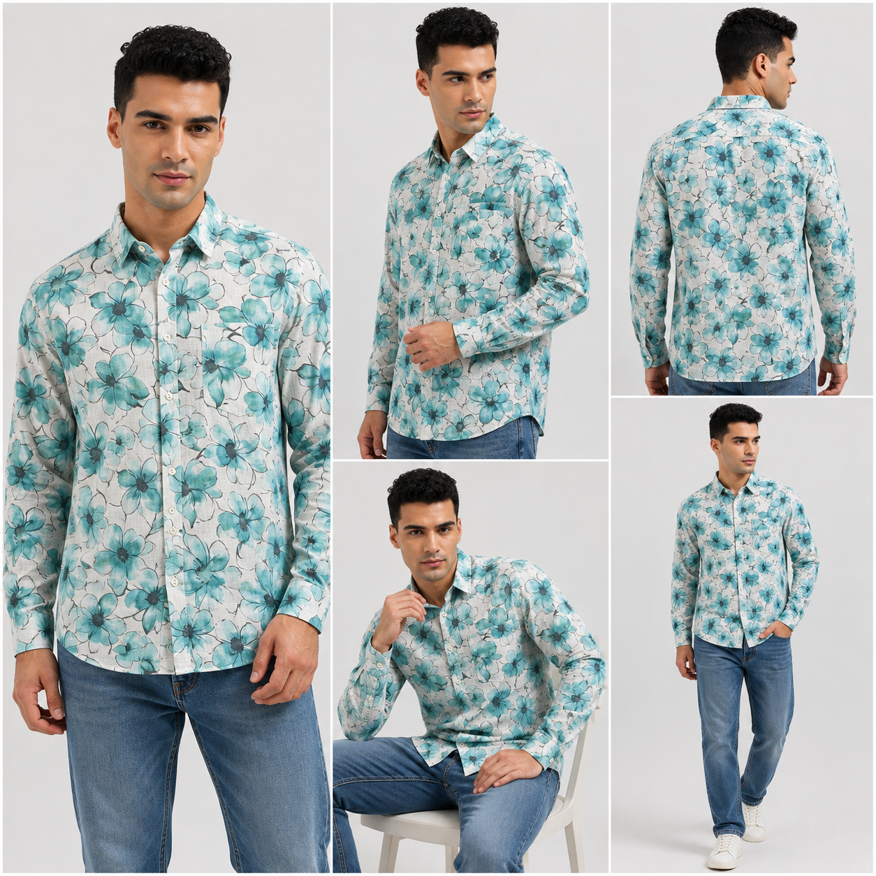 Blue Floral Printed Casual Shirt for Men - Image 6