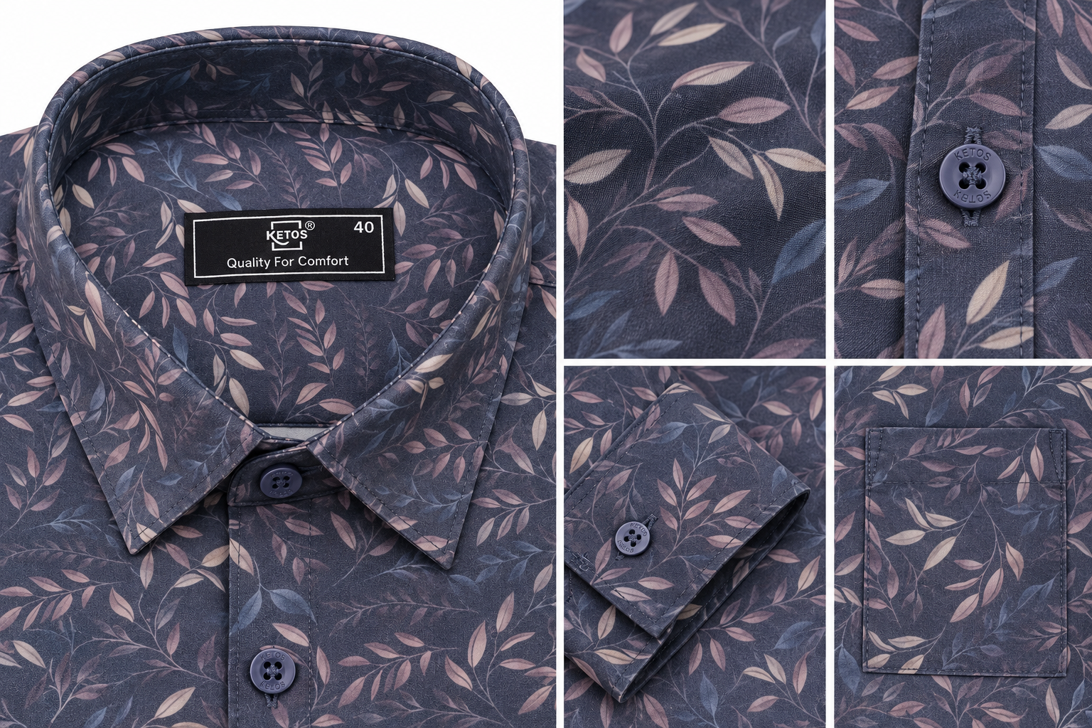 Dark Blue Floral Printed Casual Shirt for Men - Image 7