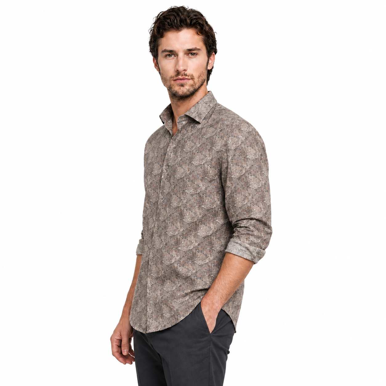 Brown Abstract Leaf Printed Casual Shirt for Men - Image 2