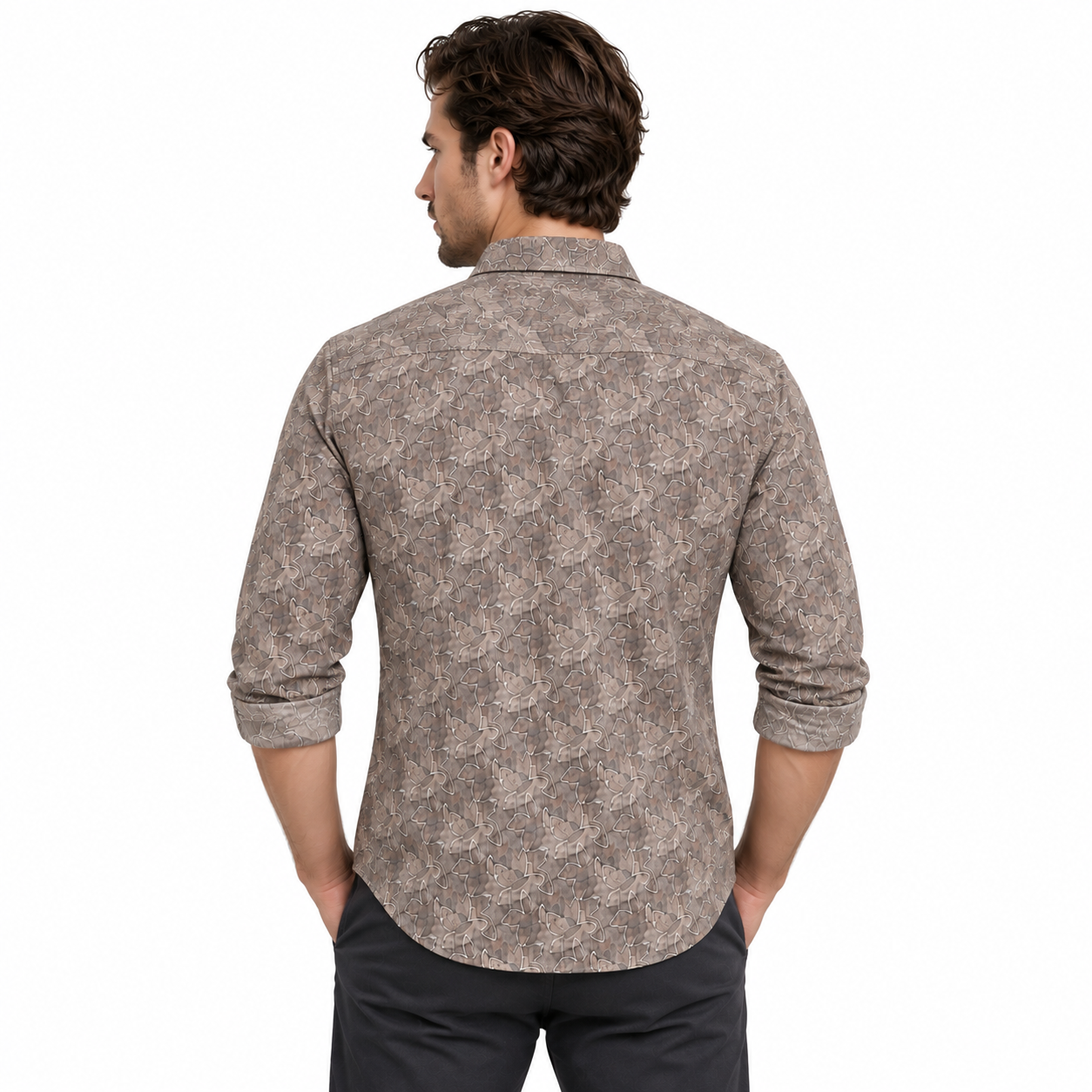 Brown Abstract Leaf Printed Casual Shirt for Men - Image 3